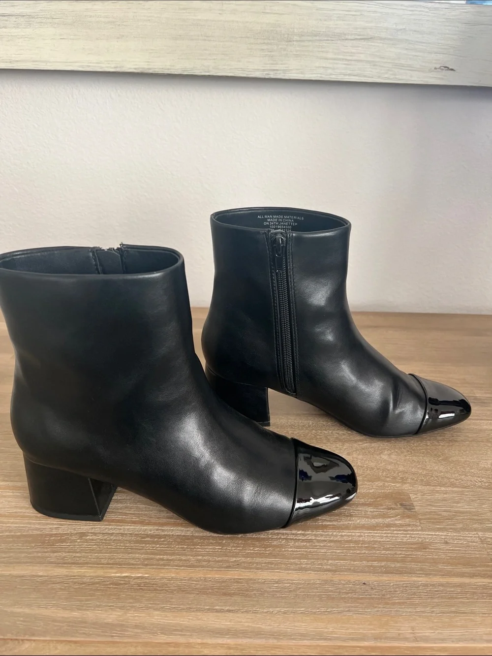 Women's Black Ankle Vegan Leather Booties with Patent Cap Toe